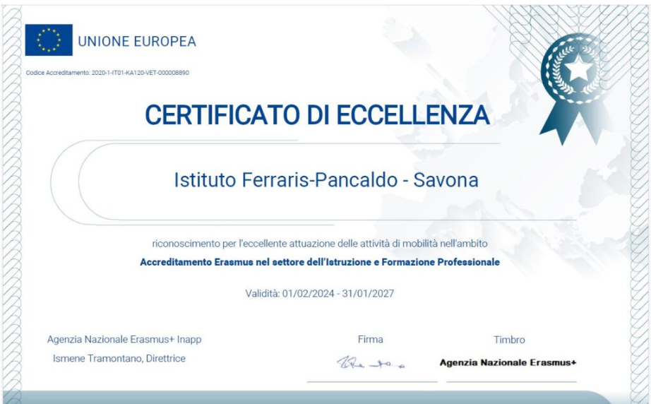 Ferraris-Pancaldo Erasmus VET certificate of excellence